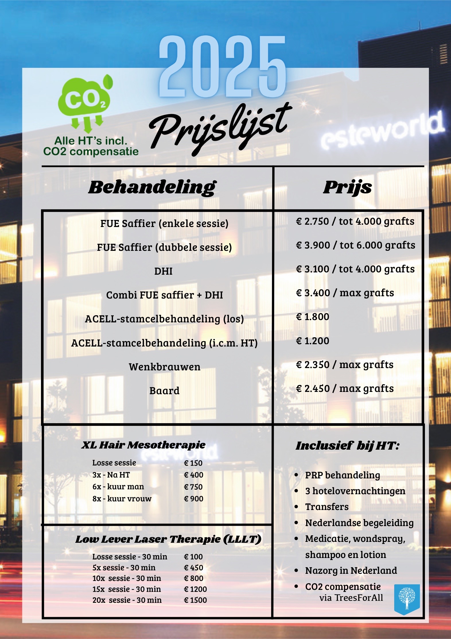 Prijslijst Esteworld haartransplantatie 2025